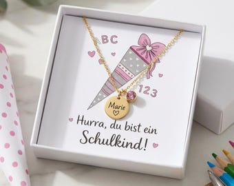 Schulkind Kette-Geschenk zur Einschulung-Kinder Halskette mit Geburtsstein, Geschenk Schulanfang-Schulkette-Mutmacher-Idee für Schultüte
