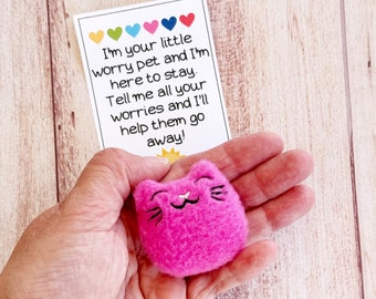 Peluche de gato de bolsillo: compañero de preocupaciones de vellón rosa, regalo para aliviar el estrés