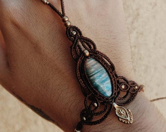 Macrame Finger Bracelet with Natural Labradorite | Handmade Bohemian Artisan Jewelry