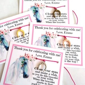 HORSE Theme Favors, Horseshoe Charm, Wish Bracelet, equestrian party favor, Cowgirl, Personalized Favors, Pretty White Horse Pink Flowers