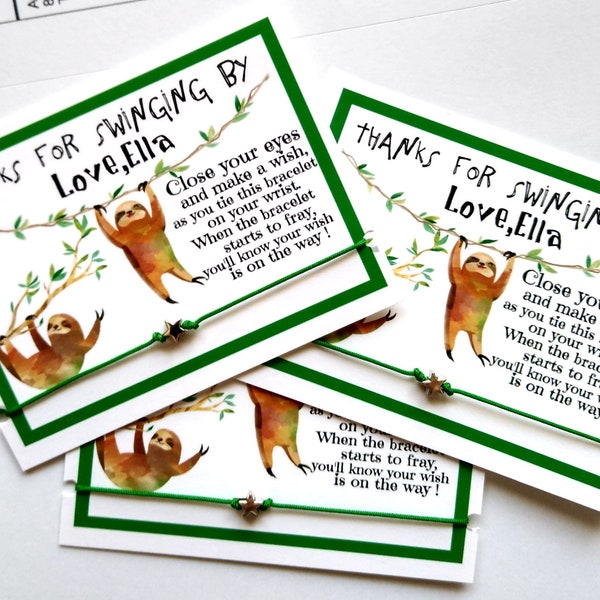 Sloth theme Party Favors, Wish Bracelets, Custom Personalized Birthday Party Thank You Gifts, Goodie Bag Filler, Sloth Theme Party,
