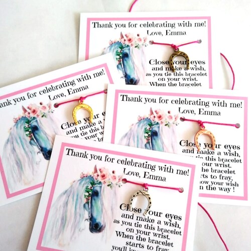 HORSE Theme Favors, Horseshoe Charm, Wish Bracelet, equestrian party favor, Cowgirl, Personalized Favors, Pretty White Horse Pink Flowers