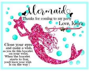 Mermaid theme Party Favor Wish Bracelets, Custom Personalized Mermaid, Pink Glitter Mermaid Party Favor