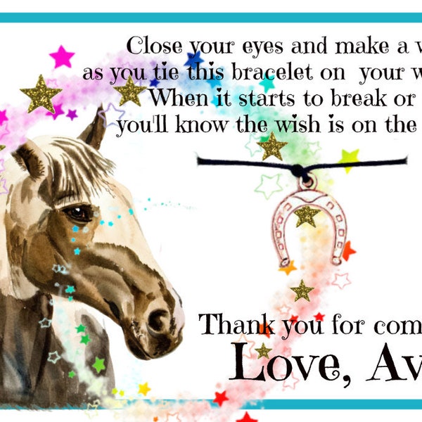 Horse Theme Favors, Stars, Rainbows, Horseshoe Charm Wish Bracelet, Equestrian, Western, Cowgirl, Personalized Favors, Birthday, Ranch Party