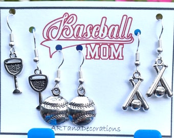 Baseball Mom Earrings, Wine Glass, Baseball Bat, Stainless Earwires, Wine Party Favors,