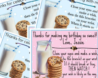 Milk and Cookies Birthday Party Favors, Wish Bracelets Boy and Girl Favors, Personalized Favors, Goodie Bag Fillers, Thank You Party Gifts