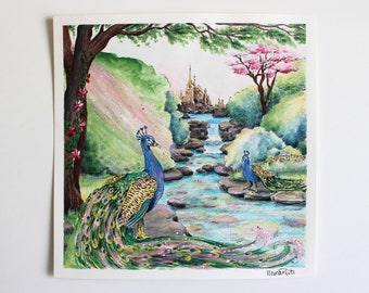 ORIGINAL drawing ‘Peacocks by the river‘