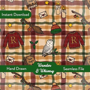 Könnte beinhalten: Ein nahtloses digitales Muster mit beigem und dunkelrotem Karohintergrund, illustriert mit roten Pullovern mit dem Buchstaben R, weißen Eulen, Besen, Kerzen, Umschlägen und Wintermützen. Text: Instant Download und Wander & Whimsy.