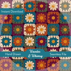 Può includere: Un motivo digitale senza cuciture con una griglia di quadrati floreali in stile uncinetto nei toni del verde acqua, arancione, crema e viola. L'immagine include il testo Instant Download, Hand Drawn e Wander & Whimsy.