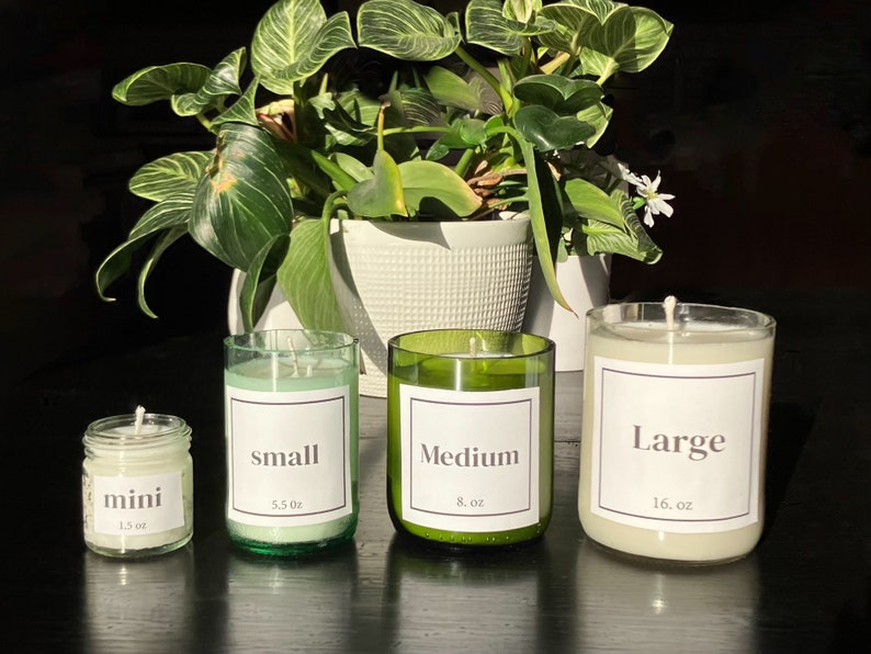 Pu&ograve; includere: Quattro candele di diverse dimensioni, etichettate "mini", "piccola", "media" e "grande". Le candele sono in vasetti di vetro con etichette bianche e testo nero. Le candele sono su una superficie nera davanti a una pianta in vaso.