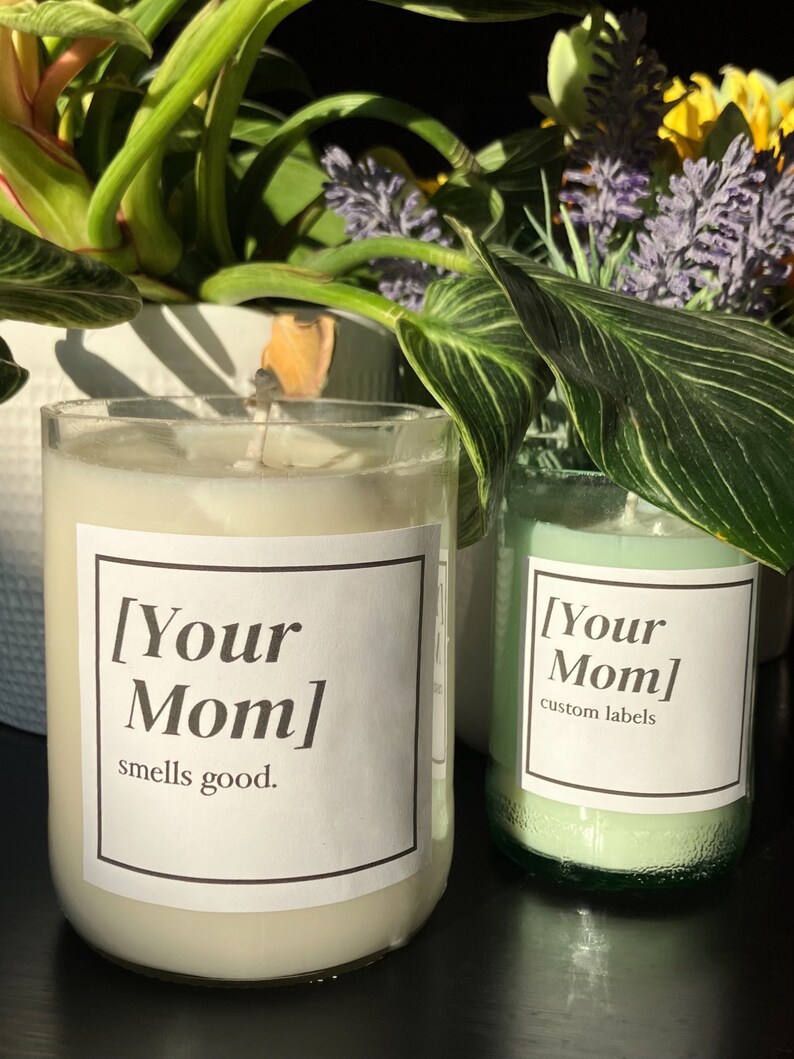Pu&ograve; includere: Due barattoli di vetro per candele con etichette bianche. L'etichetta sul barattolo a sinistra dice "[Your Mom] smells good." L'etichetta sul barattolo a destra dice "[Your Mom] custom labels."