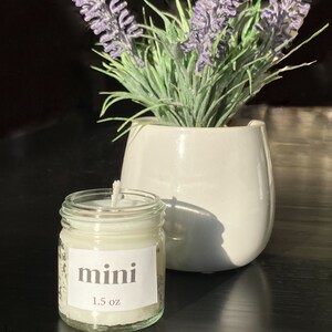Pu&ograve; includere: Una piccola candela di vetro in un barattolo con un'etichetta bianca che dice "mini 1,5 oz". La candela &egrave; appoggiata su una superficie nera accanto a un vaso di ceramica bianca con una pianta di lavanda.