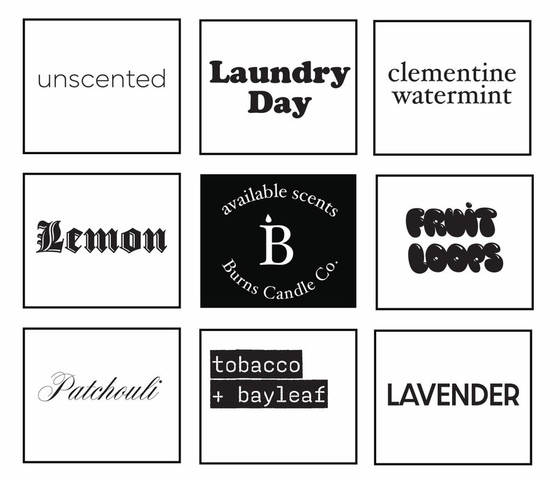 Pu&ograve; includere: Nove immagini quadrate che mostrano diversi profumi di candele. I profumi sono: non profumato, Giorno del bucato, clementina menta piperita, Limone, profumi disponibili B Burns Candle Co., FRUIT LOOPS, Patchouli, tabacco + alloro, LAVANDA.