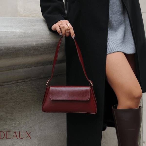 Burgundy Vegan Leather Baguette Bag - Bordeaux Purse for Women - Minimalist Shoulder Handbag - Stylish Leather Purse - Gift for Her
