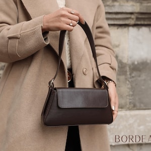 Dark Brown Vegan Leather Baguette Bag for Women - Minimalist Shoulder Handbag - Stylish Leather Purse - Gift for Her