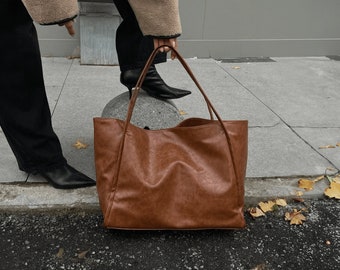 Große Vegan Leder Schultertasche - Stilvolle Handtasche für Frauen - Braune Leder Einkaufstasche - Geschenk für Sie