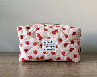 Handmade Quilted Strawberry Makeup Pouch | Pink Cosmetic Organizer, Gift for Her