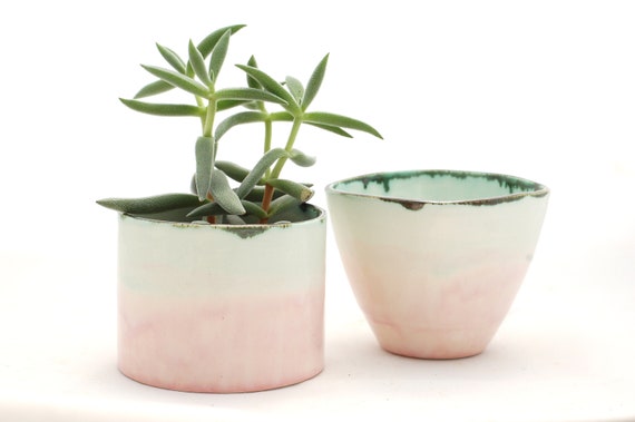 Round Ceramic Planter - Succulent Planter- Handmade Planter - Peach and Sprinkles - Ceramics and Pottery- Modern Ceramics