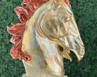 custom horse head covered in gold and bronze leaf and resin coated ”  epoxy sculpture, resin coated,gold, bronze & resin personalized gift.