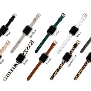 May include: A collection of smart watch bands in various colors and patterns, including black, beige, light gray, green, white, dark gray, brown, zebra print, leopard print, and leopard furry. Each band is shown with a black watch face.