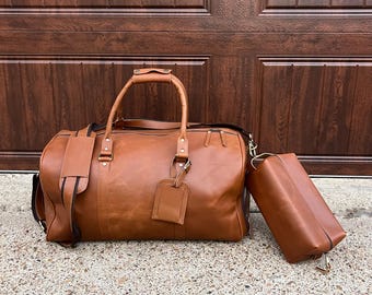 Leather Duffle Bag Dopp Kit Luggage Tag Combo SET, Personalized Groomsmen Gift SET, Anniversary Gift, Toiletry Bag and Travel Bag for Him