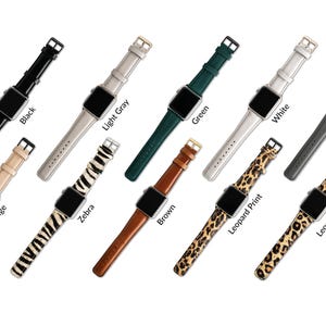 May include: Ten different Apple Watch bands in various colors and patterns, including black, beige, light gray, green, white, dark gray, zebra, brown, leopard print, and leopard furry.