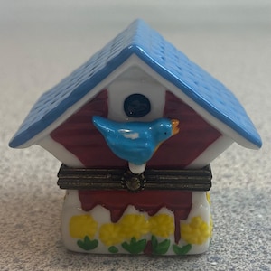 Blue Bird Birdhouse Trinket Box - Porcelain