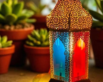 Handmade Moroccan Lantern, Boho Oriental Lamp, Colorful Ramadan Decor, Moroccan Candle Lantern, Vintage Home Decor