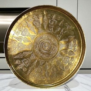 Antique Brass Plate 1910 | Vintage Moroccan Brass Tray | Hand-Engraved Copper Tray
