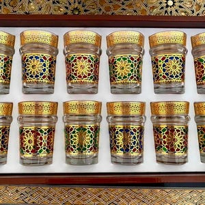 Beldi Glasses Set of 6 or 12 Cups Handcrafted Moroccan Crystal Glasses, Perfect for Serving Tea Luxury Moroccan Tea Glasses Mosaic Design