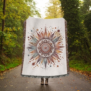 Warm Sunburst Tapestry Blanket, Woven Throw Blanket, Picnic Blanket, Cotton Throw, Wall Art, Queen Full and Twin Sized Blanket, Home Decor