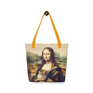 CAT & MONA LISA - Famous Painting Tote Bag, Stylish and Durable, Unique Cat Art, Perfect Gift for Cat Lovers, 15"x15", 3 Handle Choices