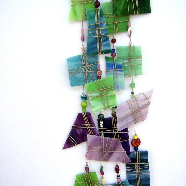 windchime suncatcher large recycled stained glass green and purple