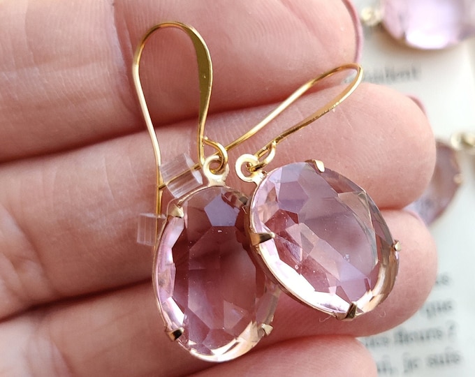 Pink Crystal Dangle Earrings: Gold Plated Brass, Sensitive Ears