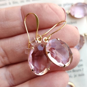 Pink crystal earrings, rose pink dangle earrings, light pink statement earrings, pink and gold earrings