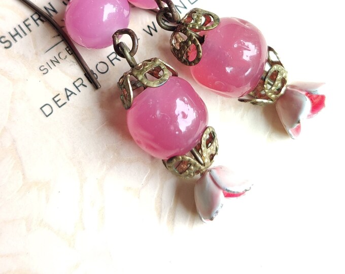 Shabby Chic Pink Beaded Dangle Earrings: Metal Flower Assemblage Jewelry