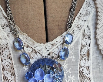 One of a kind Blue glass art assemblage statement necklace by Sacred Cake "Blue Bouquet"