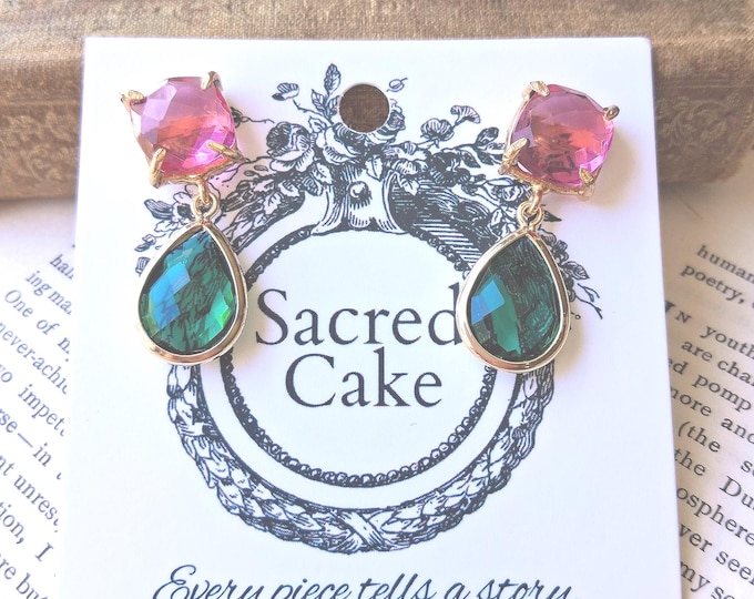 Gold Plated Pink Tourmaline Emerald Drop Earrings – Bridgerton Style Charlotte