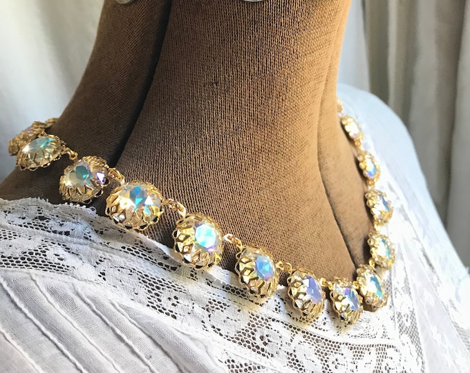 Handmade Georgian Collet Necklace: Rainbow Rhinestone, Gold Plated