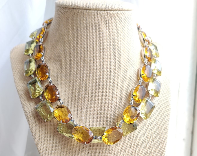 Vintage Citrine Rhinestone Necklace: Sterling Silver Plated Georgian Style