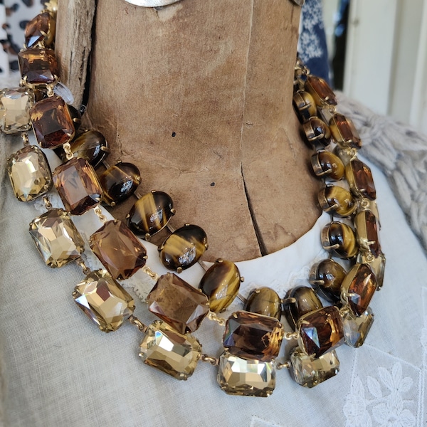 neutral crystal Anna Wintour collet necklace, light brown smoky topaz set Georgian style collet by Sacred Cake originals since 2010