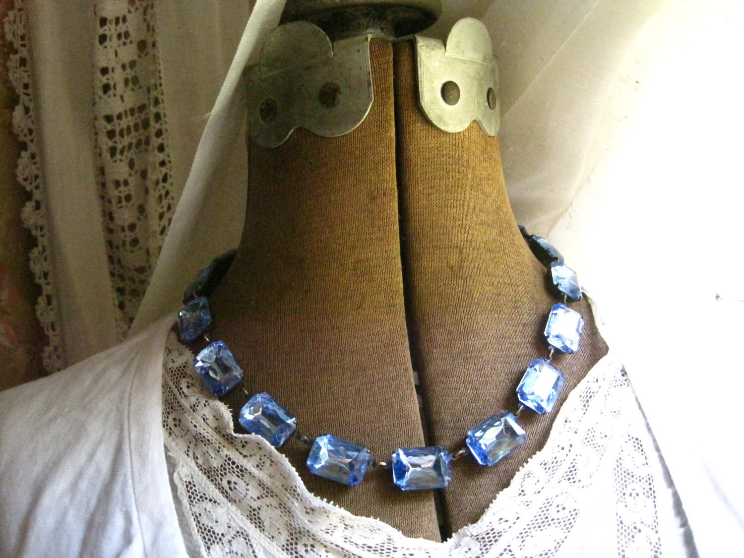 light blue Statement Necklace, sapphire collet, anna wintour, light blue vintage rhinestone necklace, pale blue necklace, Jane Austen.