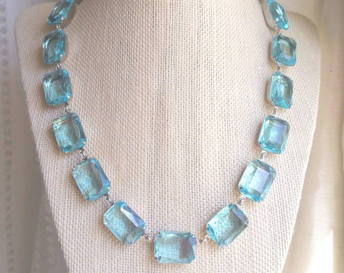 Aqua Rhinestone Statement Necklace: Vintage Collet Style, Plus Size