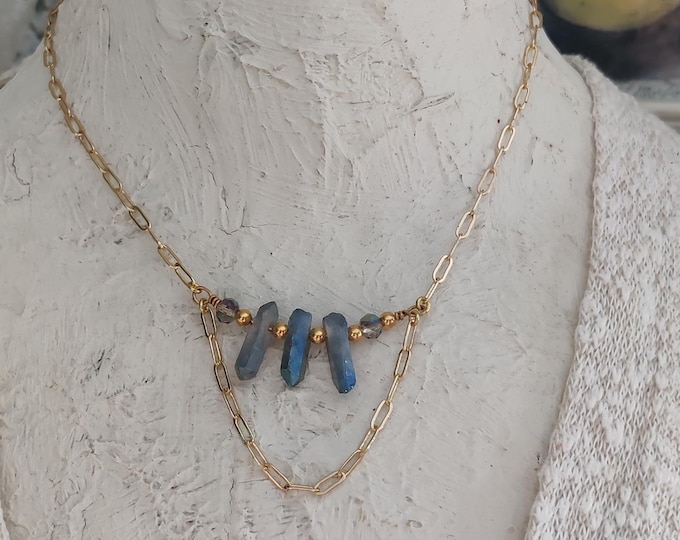 Gold plated paperclip chain and raw crystal handmade necklace