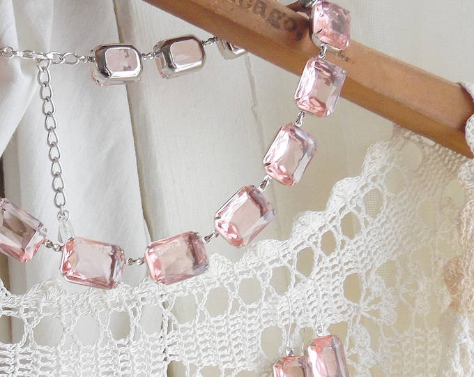 Light Pink Rhinestone Necklace & Earrings Set: Handmade Collet Jewelry