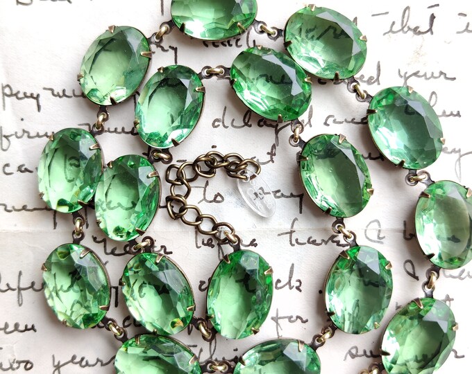 Green Rhinestone Statement Necklace: Vintage Inspired Brass Collet Necklace