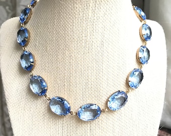 Sky Blue Rhinestone Collet Necklace: Vintage Style Statement Jewelry