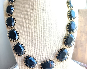 Vintage Jet Black Glass Collet Necklace: Miriam Haskell Style