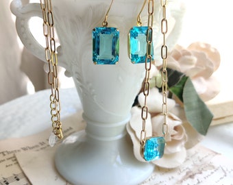 gold layering necklace aqua and gold paperclip chain pendant necklace, delicate crystal layering necklace