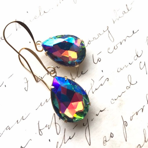 statement gold geometric drop earrings gift for her, Georgian jewelry, multicolor rainbow jewelry earrings, bridesmaid earrings, downton